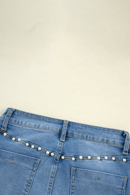 Dusk Blue Pearl Decor High Waist Flared Jeans