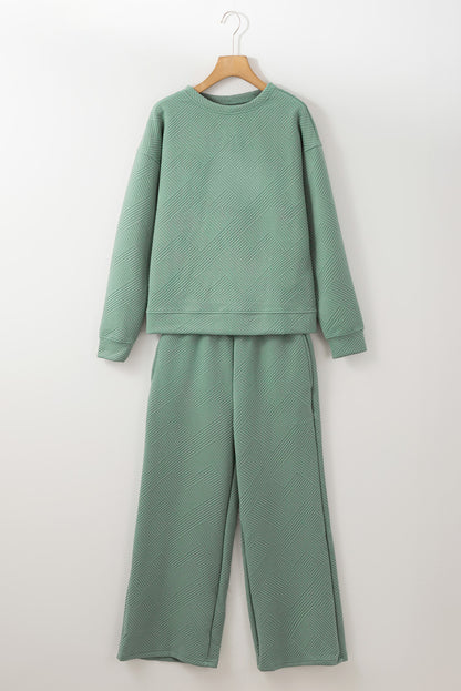 Beige Textured Loose Slouchy Long Sleeve Top and Pants Set