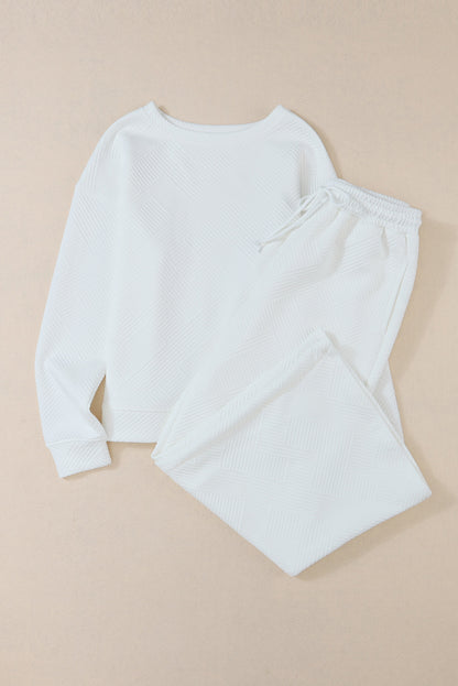 Beige Textured Loose Slouchy Long Sleeve Top and Pants Set