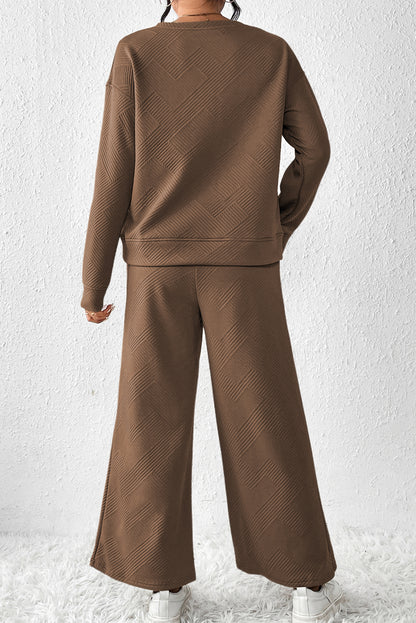 Beige Textured Loose Slouchy Long Sleeve Top and Pants Set