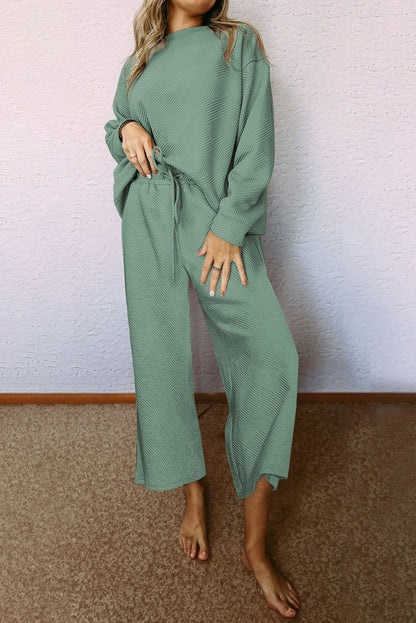 Beige Textured Loose Slouchy Long Sleeve Top and Pants Set