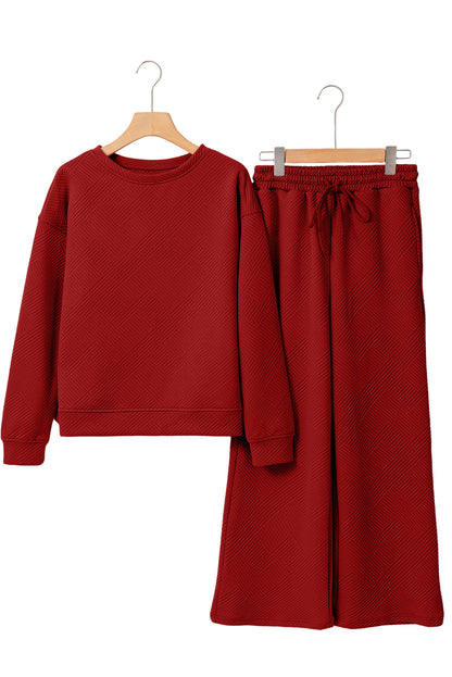 Beige Textured Loose Slouchy Long Sleeve Top and Pants Set