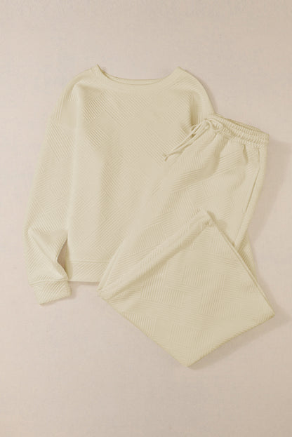 Beige Textured Loose Slouchy Long Sleeve Top and Pants Set
