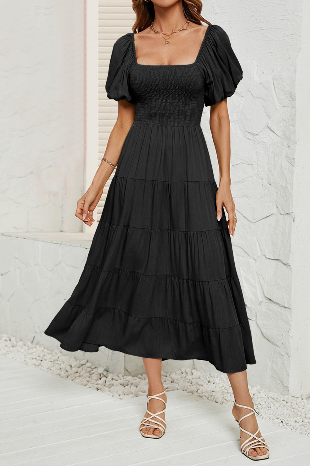 Smocked Square Neck Puff Sleeve Dress