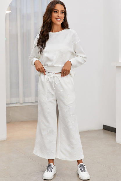 Beige Textured Loose Slouchy Long Sleeve Top and Pants Set