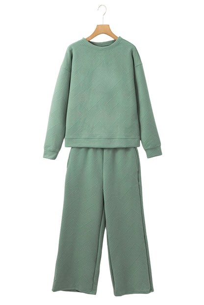 Beige Textured Loose Slouchy Long Sleeve Top and Pants Set