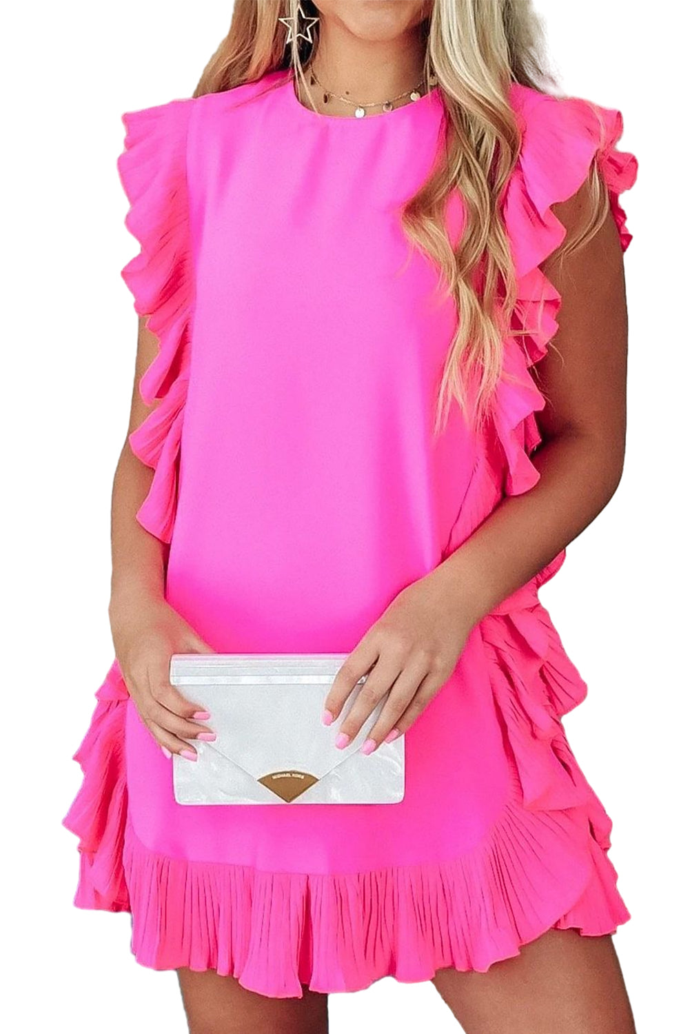 Bright Pink Ruffle Trim Short Sleeve Mini Dress