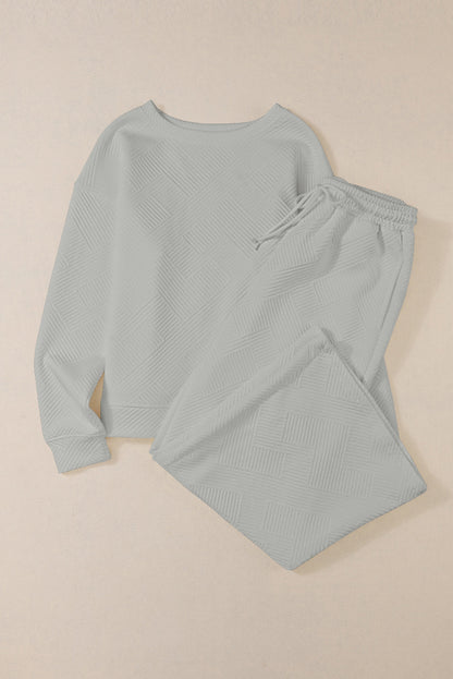 Beige Textured Loose Slouchy Long Sleeve Top and Pants Set